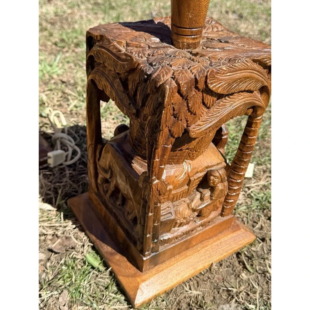 2 Vintage Rare Hand Carved Teakwood Table Lamps Tropical Farm Village Scene